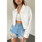 Fav Style Kadın Fermuar Kapamalı Çift Cepli Crop Kot Ceket Beyaz