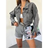 Fav Style Kadın Fermuar Kapamalı Çift Cepli Crop Kot Ceket Gri
