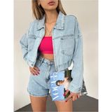Fav Style Kadın Fermuar Kapamalı Çift Cepli Crop Kot Ceket Mavi