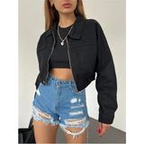 Fav Style Kadın Fermuar Kapamalı Çift Cepli Crop Kot Ceket Siyah