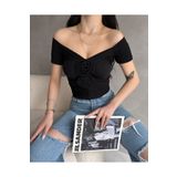 Fav Style Kadın Kısa Kollu Kayık Yaka Çiçek Detaylı Crop Bluz Siyah