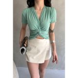 Fav Style Kadın Kruvaze Yaka Önü Drape Detaylı Kısa Kolu Crop Bluz Su Yeşili