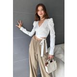 Fav Style Kadın Kruvaze Yaka Uzun Kollu Bağlama Detaylı Crop Bluz Beyaz