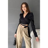 Fav Style Kadın Kruvaze Yaka Uzun Kollu Bağlama Detaylı Crop Bluz Siyah