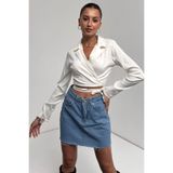 Fav Style Kadın Uzun Kollu Gömlek Yaka Bağlama Detaylı Crop Bluz Beyaz