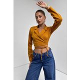 Fav Style Kadın Uzun Kollu Gömlek Yaka Bağlama Detaylı Crop Bluz Hardal