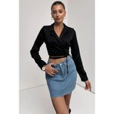 Fav Style Kadın Uzun Kollu Gömlek Yaka Bağlama Detaylı Crop Bluz Siyah