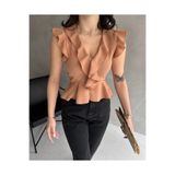 Fav Style Kadın V Yaka Omuzları ve Önü Fırfır Detaylı Bluz Camel