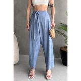 Fav Style Kadın Yüksek Bel Bağlama Detaylı Bol Paça Salaş Pantolon Mavi
