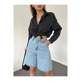 Fav Style Kadın Yüksek Bel Bermuda Geniş Paça Kot Şort Açık Mavi