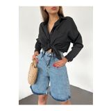 Fav Style Kadın Yüksek Bel Bermuda Geniş Paça Kot Şort Yıkamalı Mavi