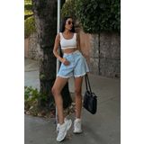 Fav Style Kadın Yüksek Bel Cepli Paçası Püsküllü Geniş Paça Kot Şort Mavi