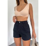 Fav Style Kadın Yüksek Bel Geniş Paça Pileli Cepli Kot Şort Siyah