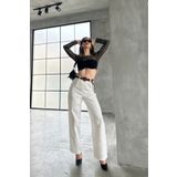 Fav Style Kadın Yüksek Bel Kemerli Boru Paça Keten Pantolon Beyaz