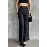 Fav Style Kadın Yüksek Bel Kemerli Boru Paça Keten Pantolon Siyah