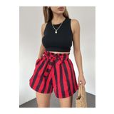 Fav Style Kadın Yüksel Bel Lastikli Kuşaklı Çift Cepli Gabardin Şort Kırmızı Siyah