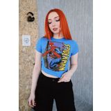 Favorim50ton Mavi Renkli Spiderman Karakter Örümcek Adam Yazılı Kısa Kollu Kadın Crop Bluz