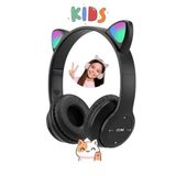 Favors Kedi Kulağı Bluetooth Kablosuz Kulaklık Rengarenk Işıklı Rgb Siyah Çocuk Oyun Kulaklığı Radyolu