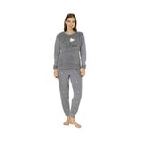 Fawn 04-3309 Peluş Welsoft Polar Kışlık Yumoş Kalpli Kedili Kadın Pijama Takımı (Gri, M)