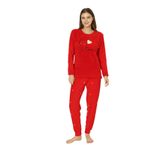 Fawn 04-3309 Peluş Welsoft Polar Kışlık Yumoş Kalpli Kedili Kadın Pijama Takımı (Kırmızı, L)