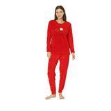 Fawn 04-3309 Peluş Welsoft Polar Kışlık Yumoş Kalpli Kedili Kadın Pijama Takımı (Kırmızı, S)