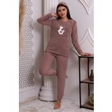 Fawn 3011 Peluş Welsoft Polar Kışlık Kadın Ev Kedi İşlemli Pijama Takımı