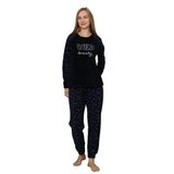 Fawn 3304 Peluş Welsoft Polar Kışlık Yumoş WILD Yazılı Kadın Pijama Takımı (Lacivert, S)