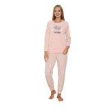 Fawn 5006 Peluş Welsoft Polar Kışlık Yumoş Kadın Pijama Takımı Uyuyan Kedili (3317) (Soft Pembe, S)