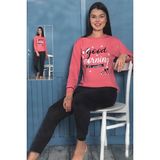 Fawn Kadın Good Morning Interlok Uzun Kol Manşetli Pijama Takımı (8020) - XL - Açık Pembe