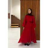 Faya Boutique Dalgalı Şifon Kumaş Kırmızı Balon Kol Takım