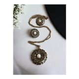 Fayra Accessorıes Black Diamond Swarovski Taşlı İnci Çiçek Kolye ve Küpe Seti