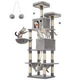 Feandrea Kedi Ağacı, Büyük, 206 cm Yüksekliğinde, XXL , 13 Tırmalama Sütunu, 2 Platform, 2 Mağara, Sepet, Hamak, Peluş Toplar, Çok Katlı, Açık Gri, PCT190W01