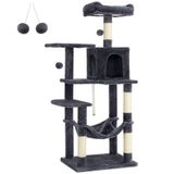 Feandrea PCT161G01 tırmalama ağacı, 143 cm yüksekliğinde, kedi ağacı, çok katlı kedi evi, 4 tırmalama sütunu, 2 platform, hamak, mağara, duman grisi