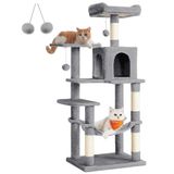 Feandrea PCT161W01 tırmalama ağacı, 143 cm yüksekliğinde, kedi ağacı, çok katlı kedi evi, 4 tırmalama sütunu, 2 platform, hamak, mağara, açık gri