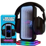 Feastables Beast Tower MrBeast oyun kulaklık standı | RGB ışık göstergesi, sonsuzluk ayna efektli ve logolu | evrensel kulaklık tutucu; USB ile çalışan masa bilgisayar aksesuarı oyuncular ve flamalar
