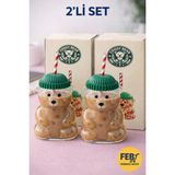 Febros Ayıcık Cam Bardak 2 Li Set Pipetli Bear Glass Kupa Şeffaf Çok Kullanışlı Içecek Bardağı - Yeşil