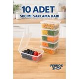 Febros Shop 500ML Dikdörtgen Kapaklı Derin Dondurucu Saklama Kabı 10'lu Set Buzluk Mikrodalga Kap - Şeffaf