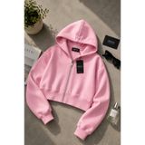 FECCY Premium Pembe Kapüşonlu Fermuarlı Cepsiz Kadın Crop Hırka