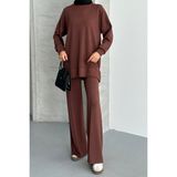 Feela Moda Kadın Modal Penye Oversize Tesettür Tunik Takım 2020 - Kahverengi
