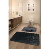 FeelHome Bubble Tavşan Tüyü, Kaymaz Taban, Pofuduk, Ultra Lüks, Yıkanabilir 2'li Banyo Paspası Siyah