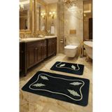 FeelHome Marmaris Kaymaz Taban, Yumuşacık, Emici 3'lü Süper Lüks Dantel İşlemeli Banyo Paspası Siyah&Gold SULTAN