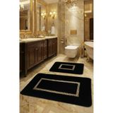 FeelHome Meram Kaymaz Taban,Emici 2'li Ultra Lüks Deri Detaylı Banyo Paspası Seti Siyah&Gold