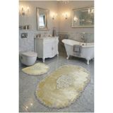 FeelHome Milas Kaymaz Taban, Çeyizlik Yumuşacık Dantel Detaylı 2'li Süper Lüks Oval Banyo Paspası Seti Gold