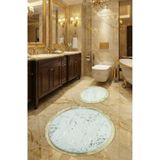 FeelHome Suadiye Kaymaz Taban, Emici 2'li Süper Lüks Yuvarlak Simli Banyo Paspası Seti Beyaz&Gold 80x80 50x5 SİM-06
