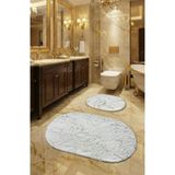 FeelHome Suadiye Tavşan Tüyü, Kaymaz Taban,Emici 2'li Premium Oval Simli Banyo Paspası Seti Beyaz&Gold SİMLİ