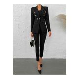 Female Clothing Siyah Düğmeli Blazer Ceket Kemerli Cepli Esnek Pantolon Asimetrik Kesim Takım Elbise