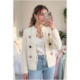 FEMELLE Kadın Beyaz Nakışlı İşlemeli Örme Triko Hırka ( Standart Beden )