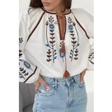 FEMELLE Kadın Beyaz Püsküllü Vintage Nakışlı Pamuklu Bluz
