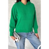 FEMELLE Kadın Yeşil Standart Beden Kapüşonlu Peluş Triko Sweatshirt