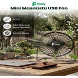 Feny F87 Masaüstü USB Vantilatör Mini Fan Metal 6 Inç 360 Derece Ayarlanabilir Sessiz Masa Fanı - Siyah
